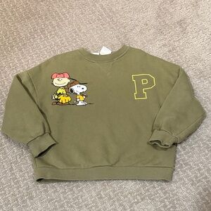 Zara Olive Green Peanuts Sweatshirt with Yellow 'P' and Cartoon Print